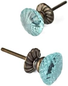 Blue Crystal Glass Knobs Set with antique brass base - 4 knobs