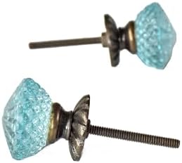 Blue Crystal Glass Knobs Set with antique brass base - 4 knobs