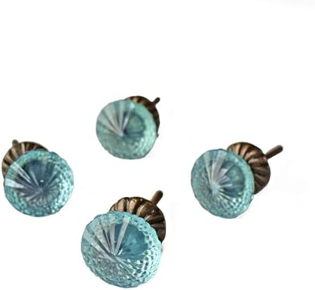 Blue Crystal Glass Knobs Set with antique brass base - 4 knobs