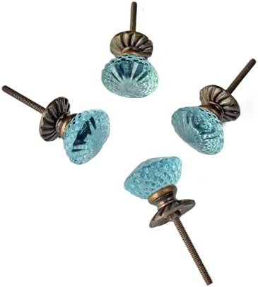 Blue Crystal Glass Knobs Set with antique brass base - 4 knobs