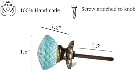 Blue Crystal Glass Knobs Set with antique brass base - 4 knobs