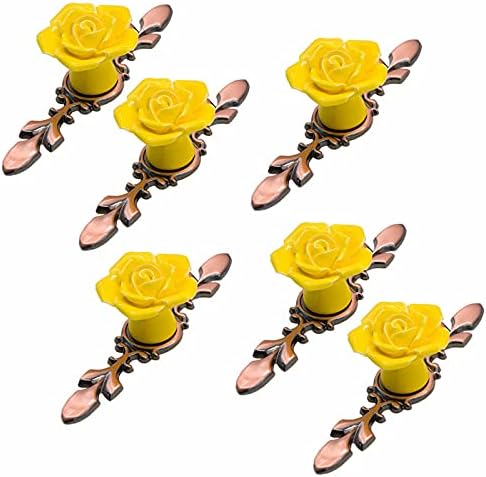 6-Piece Ceramic Rose Flower Cabinet Knobs with Red Bronze Back Plate