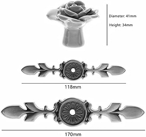 6-Piece Ceramic Rose Flower Cabinet Knobs with Red Bronze Back Plate
