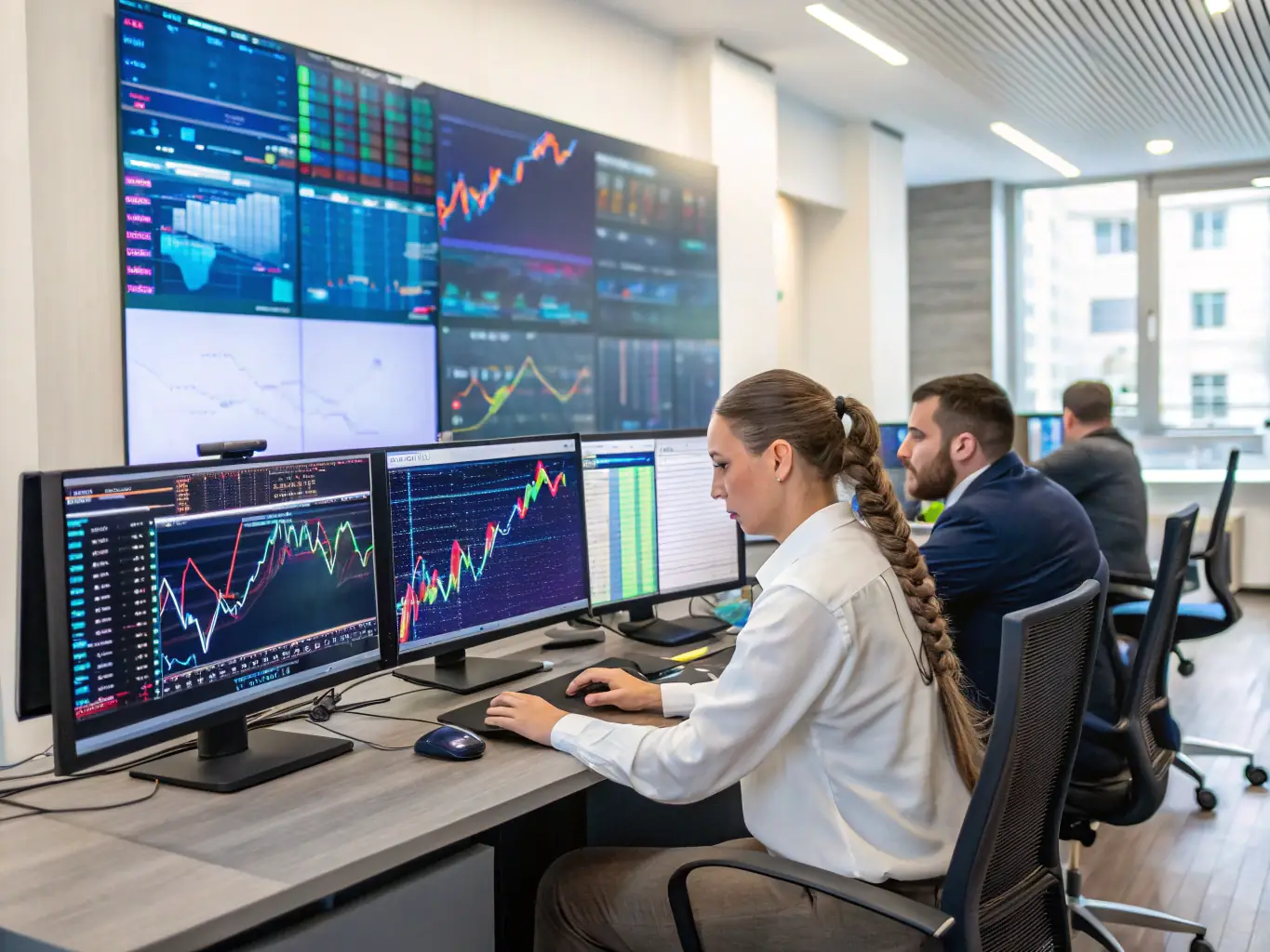 A dynamic image showing financial analysts working with advanced software on multiple screens, representing data analysis and strategic financial planning in a modern office environment.