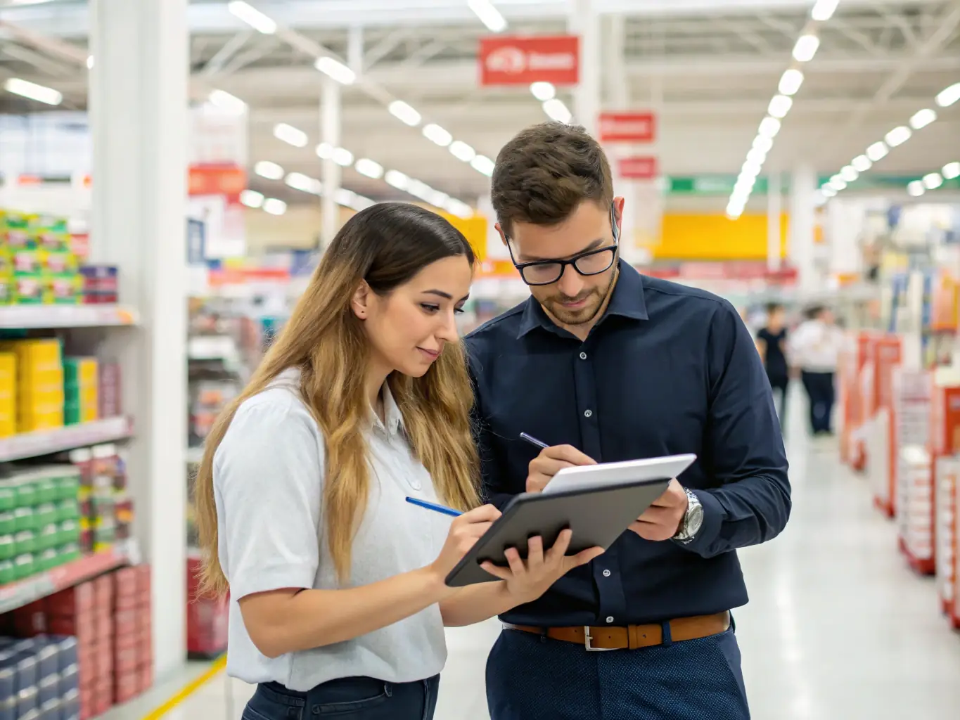 A vibrant image of consultants working with retail managers in a store, using tablets to analyze sales data and optimize inventory management, showcasing technology integration in retail operations.