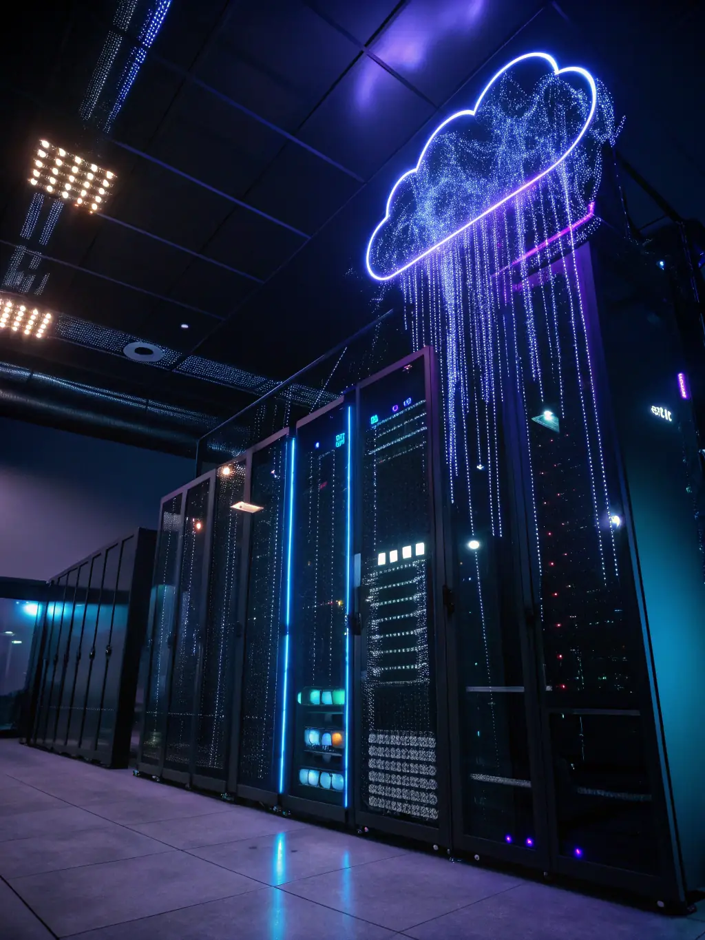 An image depicting a secure cloud infrastructure with interconnected servers and data streams, representing VEXARATECH's proficiency in cloud computing and cybersecurity.