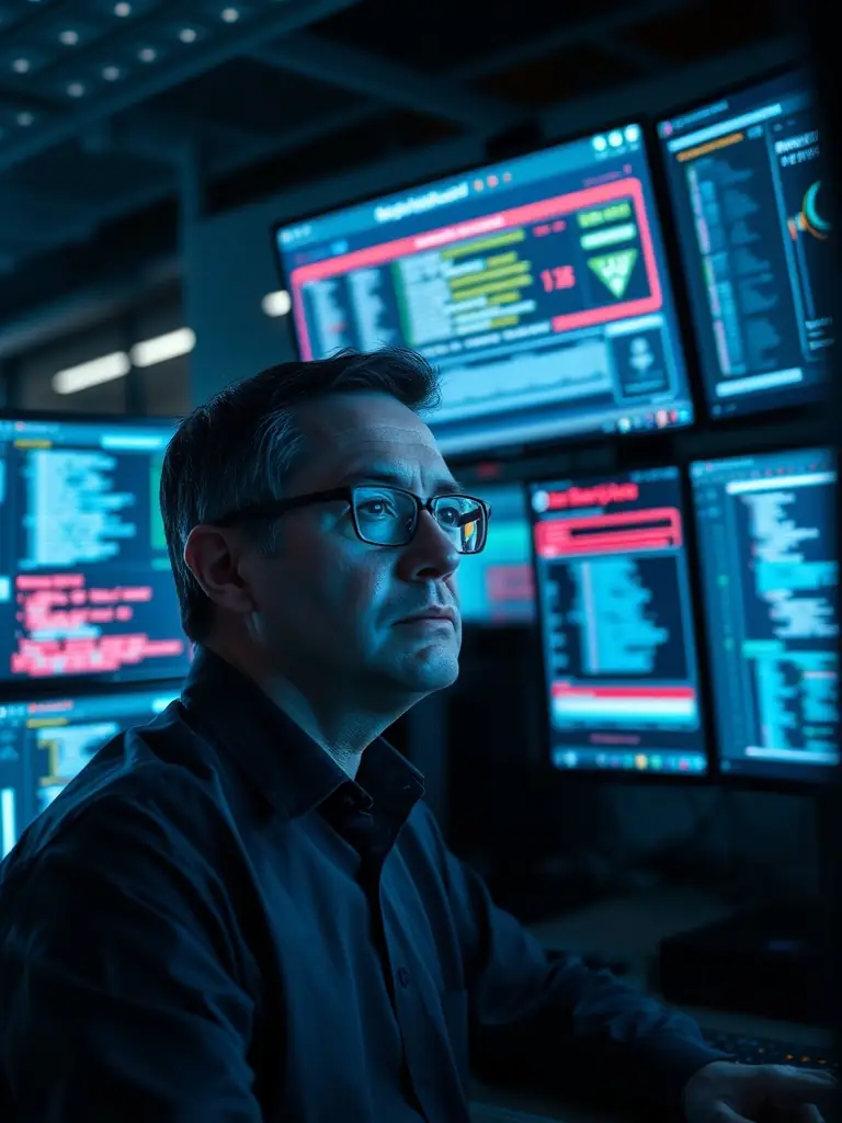 A cybersecurity expert analyzing network traffic on a computer screen, highlighting VEXARATECH's commitment to protecting client data and systems.