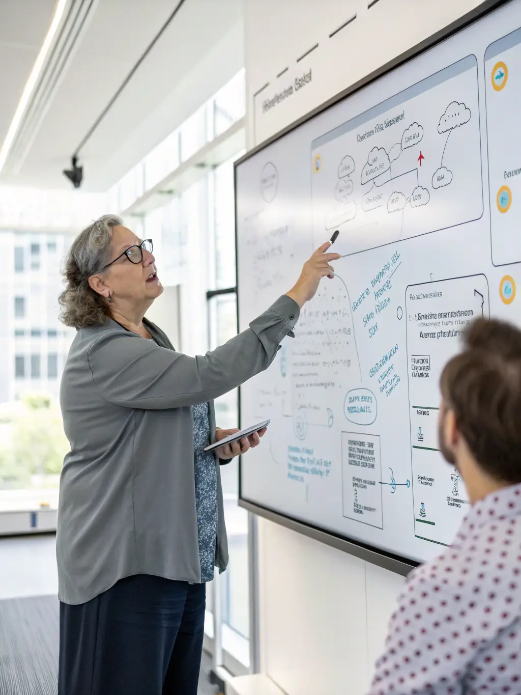 A cloud computing architect designing a scalable cloud infrastructure diagram on a whiteboard.