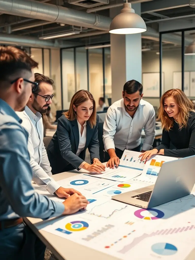 A photograph of a diverse team of VEXARATECH consultants collaborating around a table, reviewing data analytics dashboards on a large screen, symbolizing their expertise in data-driven decision-making.