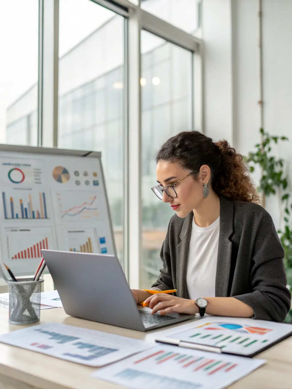 A consultant presenting a data analytics dashboard to a client, showcasing VEXARATECH's ability to provide data-driven insights and improve decision-making.