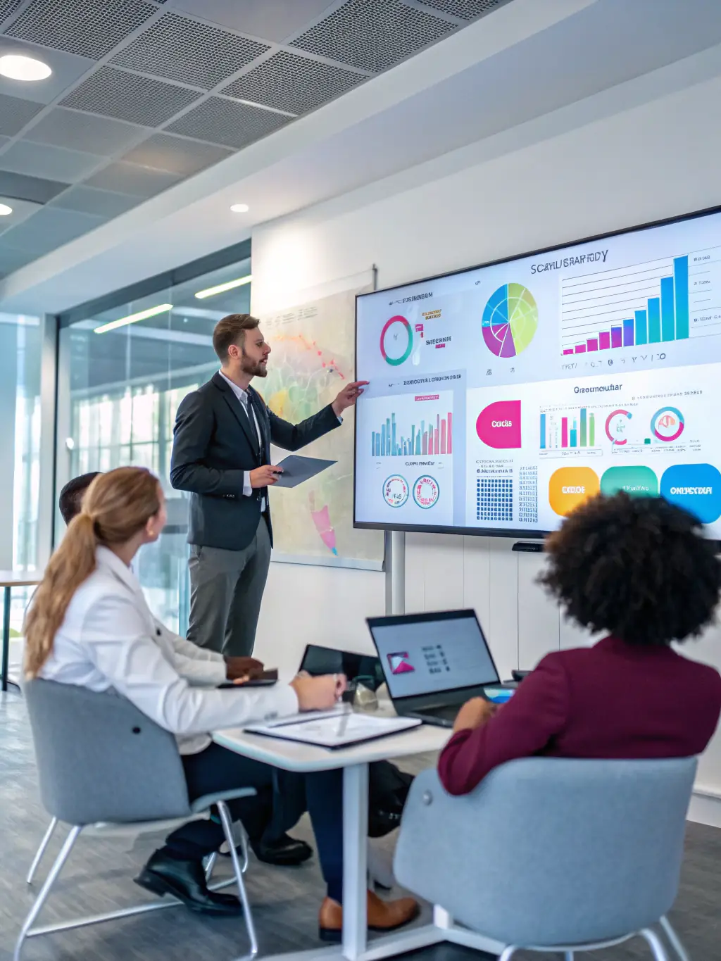 A consultant presenting a digital transformation roadmap to a client's executive team in a modern office setting.