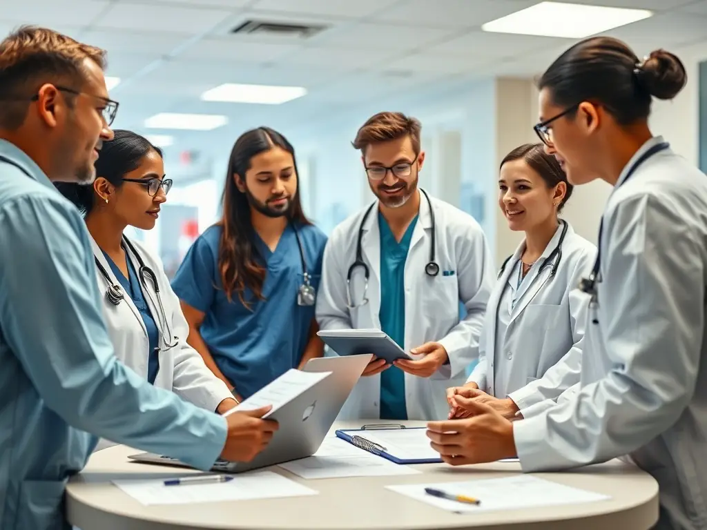 A professional image depicting consultants collaborating with healthcare professionals in a modern hospital setting, analyzing data on tablets and discussing patient care improvements through technology.